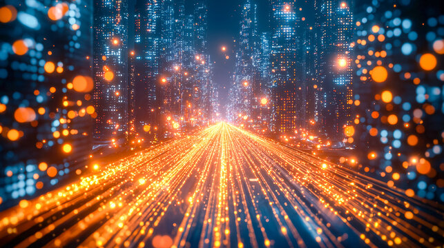 Futuristic cityscape with glowing digital pathways and illuminated skyscrapers at night