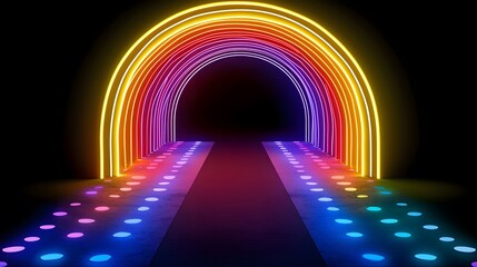 A vibrant neon rainbow archway leads down a path of colorful lights, creating an energetic and futuristic atmosphere.