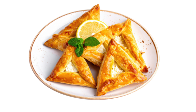 Golden triangular pastries, filled with cheese, served on a plate with lemon and mint