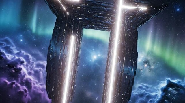 Slow Cinematic Orbit Around Stargate Portal Above Nebula Clouds with HDR Reflections and Majestic God-Rays