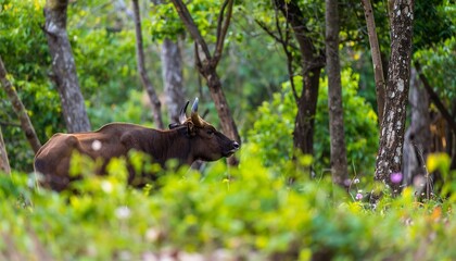 Dark brown bovine amidst lush green forest