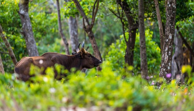 Dark brown bovine amidst lush green forest
