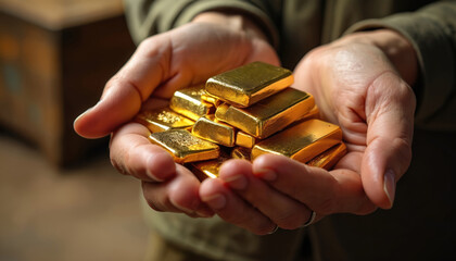Hands cupping shiny gold bars, hinting at wealth, investment. Background suggests warehouse gold mine, representing resource, industry. Implies abundance, security, economic success with luxury,