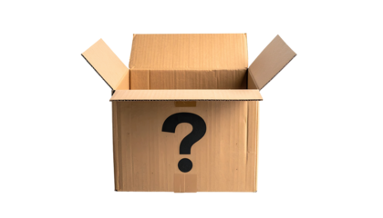 An open cardboard box with a question mark