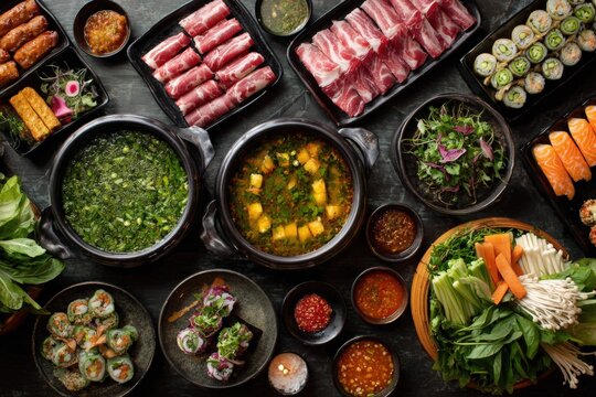 Overhead view of vibrant Vietnamese hotpot with fresh ingredients, colorful vegetables, and assorted meats, showcasing a delightful culinary experience and cultural dining concept