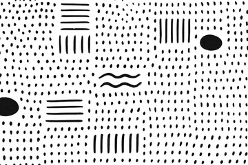 White background with polka dots and black lines. Innovative wallpaper.