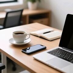 Title:
Organized white desk with coffee cup, laptop, smartphone and notebook in business workspace
