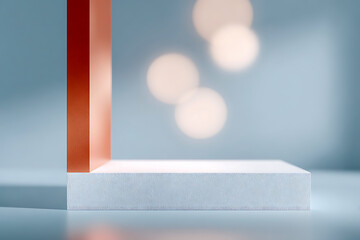 Minimalist product display podium with red column and blurred light bokeh background