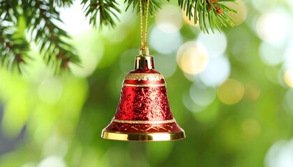 Christmas bell hanging on a tree branch
