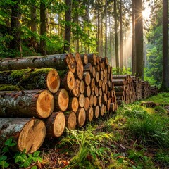 Stacked logs in a sunlit forest