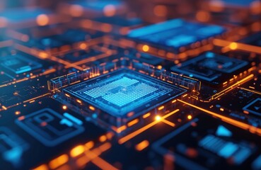 Obraz premium Abstract image of glowing blue circuit board with orange lines representing data flow. Focus on central processor, automated document workflow systems, efficiency, technology integration. Represents