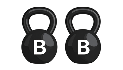 Two black kettlebells, each with a white capital "B" on the spherical weight