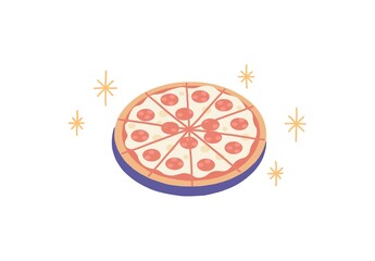 Delicious and appetizing pepperoni pizza with golden cheese, perfectly sliced into 8 portions, surrounded by twinkling stars for a fun and appealing look. Ideal for food-related designs