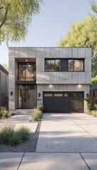 Fototapeta premium A modern, light gray concrete house with a contemporary driveway and landscaping stands out against a clear sky.