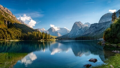 Fototapeta premium Tranquil Lake Nestled Amongst Majestic Mountains