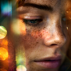 Naklejka premium A captivating portrait blending natural beauty with vibrant disco colors, evoking nostalgia and wonder.