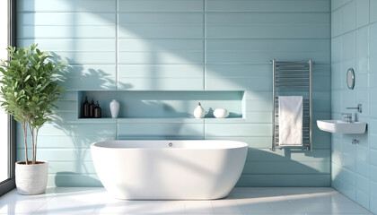Modern bathroom interior featuring white bathtub, sink against light blue tiled walls. Clean, fresh design with minimalist aesthetic, ideal for spa, relaxation themes. Natural light streams in,