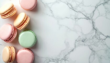 Pastel macarons arranged on marble surface. Sweet French pastries in pink, green, cream colors offer delightful confectionery treats. Elegant tabletop styling for bakery, patisserie, food blogs,