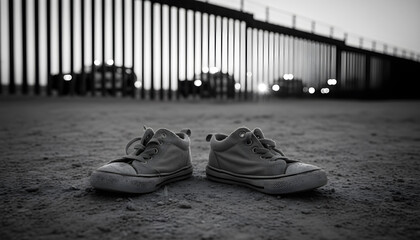 Abandoned Children’s Sneakers at Border Fence