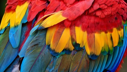 Obraz premium Close Up Colorful Of Catalina Macaw Hybrid Between Scarlet Macaw And Blue And Yellow Macaw Bird S Feathers With Red Yellow Orange And Blue Shades Exotic Nature Background And Texture