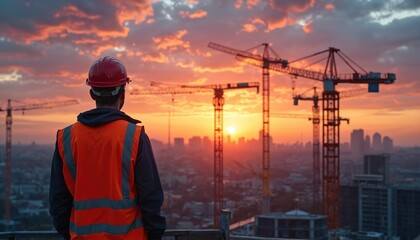 Construction worker in hard hat, vest overlooks sunrise from building site. Cranes, city skyline form urban landscape at dawn. Industry progress, pro career, morning labor, determination, inspiration.