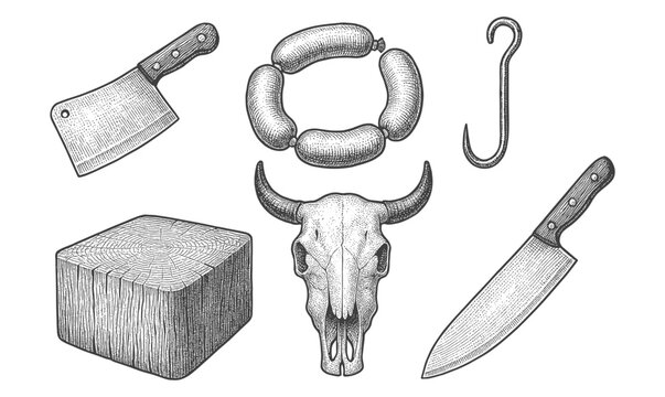 Vintage butcher tools and skull in engraved style - Powered by Adobe