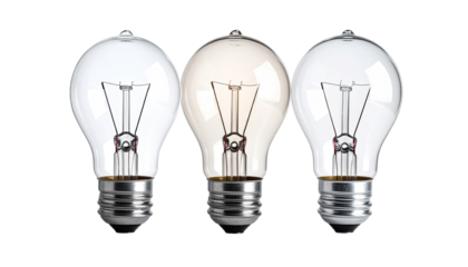 Three incandescent light bulbs in a row, various tones