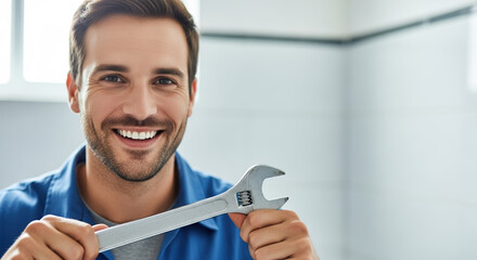 Happy plumber holding adjustable wrench. Professional plumber shows his tool. Smiling handyman ready for work.  Plumber portrait for advertising campaign.