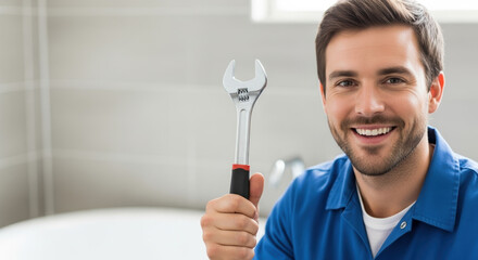 Plumber holding adjustable wrench in bathroom.  Happy smiling plumber ready for work. Professional plumber services for home repair.  Reliable plumber provides quick solutions for any plumbing issue.