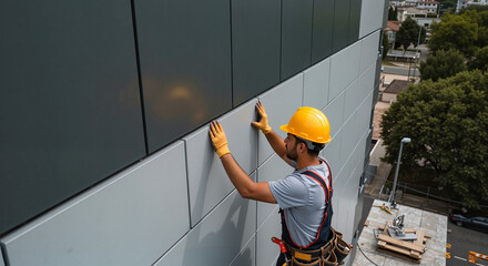 Worker installing facade panels on a modern building with a light background, construction concept of architecture, design, and engineering