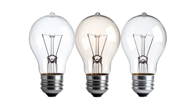 Three incandescent light bulbs in a row, various tones