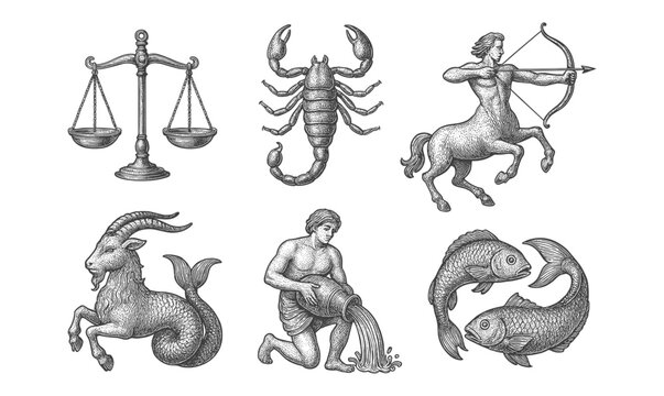 Zodiac symbols in detailed vintage style featuring sagittarius and capricorn