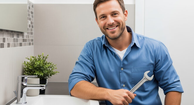 Happy plumber holding adjustable wrench in modern bathroom. Friendly service technician smiling confidently. Professional plumber ready for work.