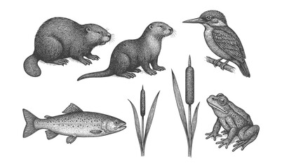 Hand drawn wildlife set: beaver, fish, bird, otter, frog, and cattails