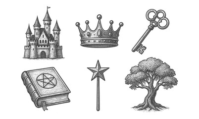 Medieval fantasy elements: castle, crown, and magical symbols in engraved style