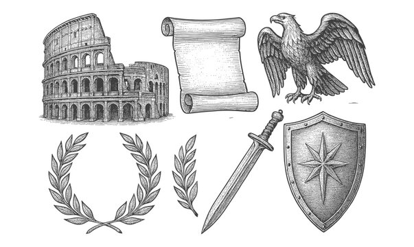 Antique roman collection: coliseum, scroll, eagle, laurel, sword, shield