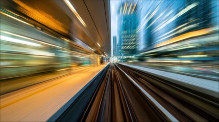 An abstract urban transit scene with motion streaks, capturing dynamic city energy.