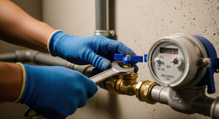 Plumber adjusting water meter valve with wrench.  Professional plumber in blue gloves working on water supply system.  High-quality image for plumbing company website or brochure,