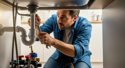 Plumber fixing sink drainpipe with wrench.  Plumbing repair involves careful work under sink.  Professional plumber ensures efficient drainage system repair.