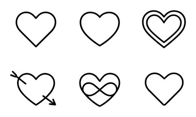 Minimalist heart icons collection: linear style with variations and romantic elements