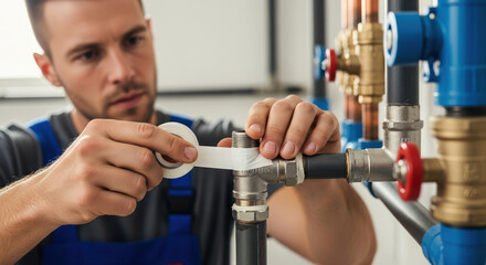 Plumber repairing pipes with Teflon tape. Professional plumber uses Teflon tape to seal pipe joints. Image shows skilled worker using Teflon tape for plumbing repair.