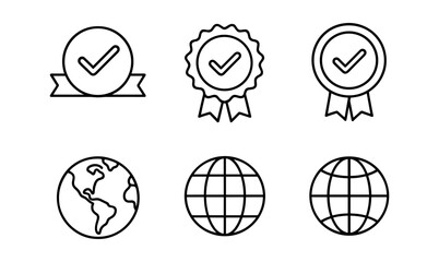Linear icons of badges and globes: quality and world symbols