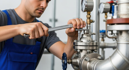 Plumber at work with wrench adjusting pipes, performing plumbing repair in mechanical room, pipes being fixed. Skilled plumber at work makes precision adjustments, ensuring system integrity.