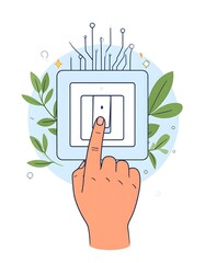 Hand turning on light switch, surrounded by nature and technology