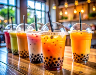 Colorful bubble teas in a cafe