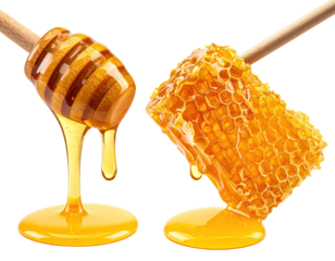 Honey dripping from wooden dippers and honeycomb pieces