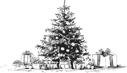 Christmas tree sketch hand drawn with ornaments and gifts underneath — stock vector