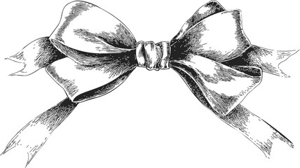 Bow sketch hand drawn ribbon with detailed shading and flowing tails — stock vector