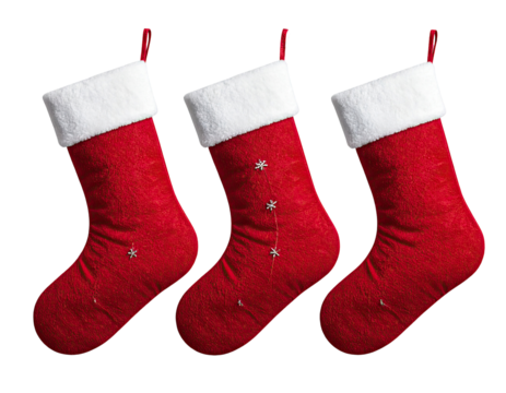 Three red Christmas stockings, each with a white cuff