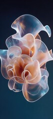 Intricate, translucent forms in delicate, flowing folds against a deep blue backdrop, creating a captivating visual display of abstract beauty.